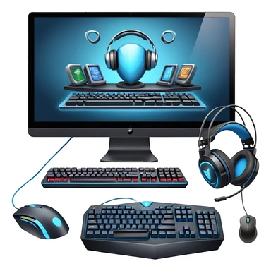 An icon featuring a gaming setup with a high-tech monitor displaying a competitive game, a keyboard, and a gaming mouse. The design includes a headset and a trophy, symbolizing victory and skill in esports. Transparent background highlights the energy and precision of professional gaming. sticker