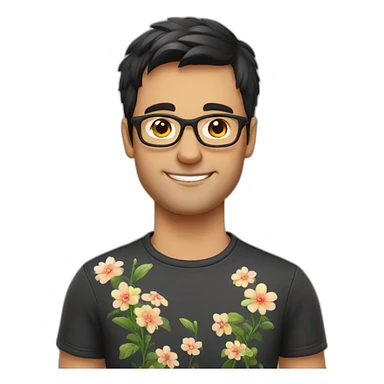 german guy with short dark hair wearing glasses and dark t-shirt with flowers print sticker
