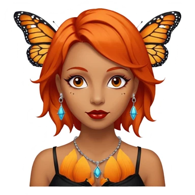 A siren with dark orange hair, red lips, dark eyes, nice eyelashes, bunch of ear piercings, a necklace and only one Monarch butterfly on her shoulder sticker