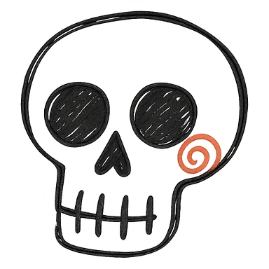 Add a red spiral to the cheek of the skull, keep the hand drawn style with expressive linework, no fill, preserve transparent background. sticker