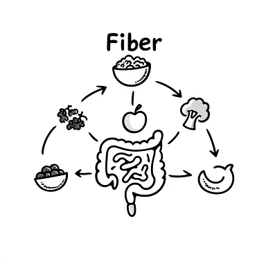 Hand-drawn doodle showing various fiber-rich foods like oats, beans, apples, berries, and broccoli with arrows pointing to a healthy intestine, with text showing 'Fiber' sticker