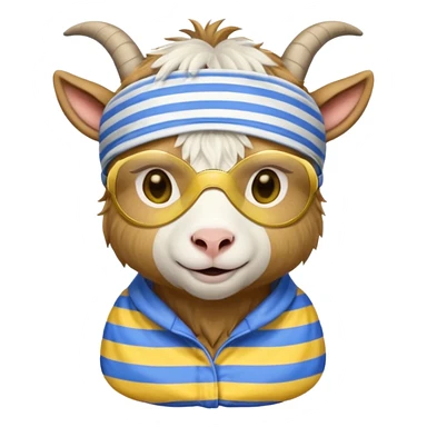 a goat with yellow sleep mask and wearing shirt sticker