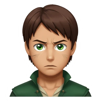 “Make him look like Eren Yeager S3 — long brown hair tied back, strong jawline, sharp green eyes, that cold, intense Eren vibe.” sticker