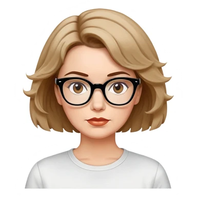 white woman in 50s, light warm skin, short messy bob with some waves, medium brown hair, big black thick glasses, white t-shirt, focused and serene look sticker