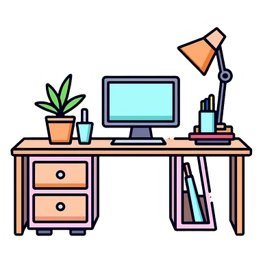 Clean and organized workspace desk with a computer monitor and a small potted plant, minimal clutter, organized office supplies sticker