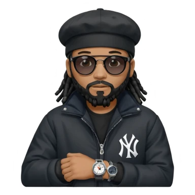 African American man with shoulder length black dreadlocks with black beard wearing black sunglasses wearing a black bubble winter coat and a New York Yankees baseball cap looking at watch sticker