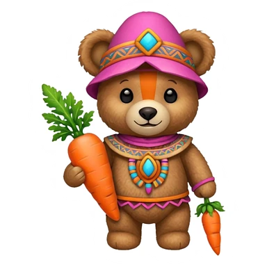 teddy bear, wearing pink mayan ancient custome, with carrot sticker