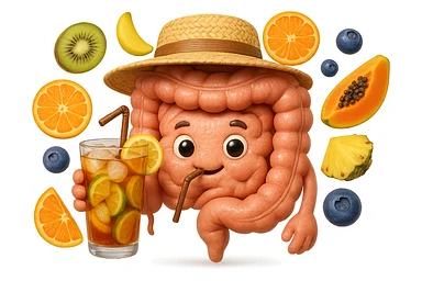 EMOJI STILE IPHONE DI INTESTINO UMANO REALISTICO CON CAPPELLO DI PAGLIA DA SPIAGGIA CHE BEVE UN Tè FREDDO IN BICCHIERE DI VETRO CON DENTRO  fette di cetriolo, limone, lime, DIETRO L'INTESTINO FLUTTUANO PEZZETTI DI Kiwi
Banana acerba
Arance e mandarini
Mirtilli
Ananas
Papaya
IPERREALISTICO 4K sticker