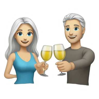 caucasian woman with brown eyes and blond medium long hair and a caucasian man with blue eyes and grey hair, toasting with a glass of white wine sticker