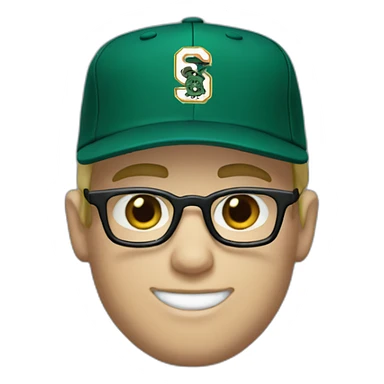 baseball card character. Blonde male. Short hair with glasses. Dark green uniform with hat. Blue eyes and a cobra snake logo on the hat sticker