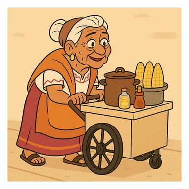 old Mexican lady pushing a food cart, warm and friendly, traditional dress, vibrant colors, street vendor, detailed, no text, flat toon cartoon style sticker