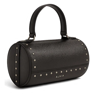 Make the Alaïa Teckel bag look more photorealistic with realistic leather texture, metallic studs, and natural lighting, on a white background. Keep the cylindrical shape and luxury details. Preserve transparency if present. sticker