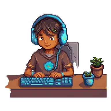 young Indian boy hacker wearing headphones coding on a desktop computer with a playful expression, pixel art style sticker