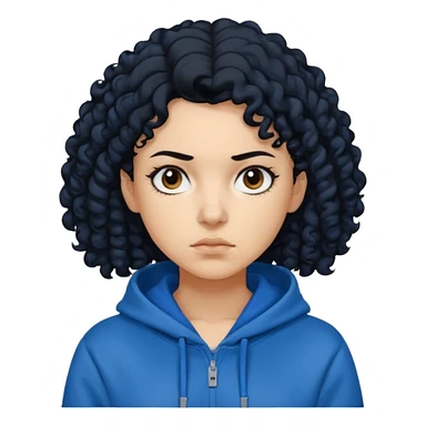 A woman with curly black hair, wearing a blue-black hoodie, and a slightly serious expression on her face. sticker