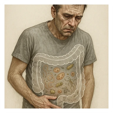 Realistic style with medical elements of a middle-aged man, tired and tense face, hand on lower abdomen, sunken eyes, dull skin. Transparent illustrations on the abdomen of parasites and bacteria in imbalance, schematic intestine as in a medical study. sticker