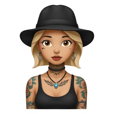 tattoo girl on her neck and body with black hat sticker