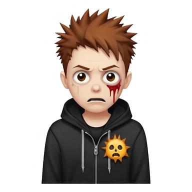 tired zombie with brown spiky hair, black hoodie, cartoon emoji style sticker