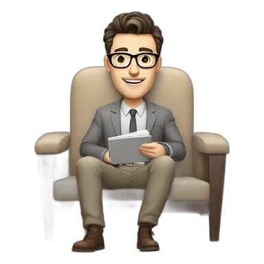 Pale skinned Fit Man With dark brown hair in gray jacket, beige office shirt, Brown pants and vintage glasses sitting In a soft chair with a notebook and a pen Fooling showing his tongue sticker