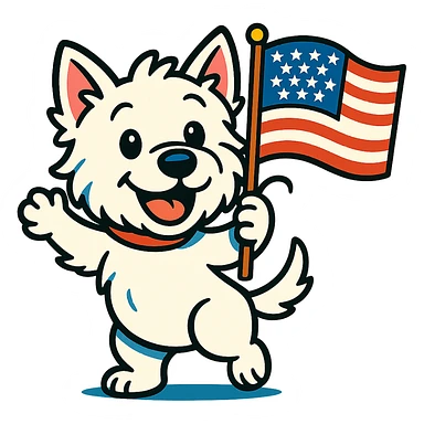 fun friendly Westie dog waving a US flag, cute cheerful energetic patriotic, vibrant toon style sticker