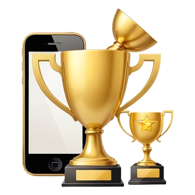 a trophy next to a mobile phone sticker