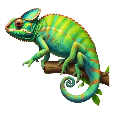 Giant Chameleon blending into natural surroundings, perched on a branch. Its vibrant colors shift with the environment. Lush greenery, branches, and soft sunlight create a peaceful, nature-filled background. Transparent background, showcasing the chameleon's colorful, textured skin. sticker
