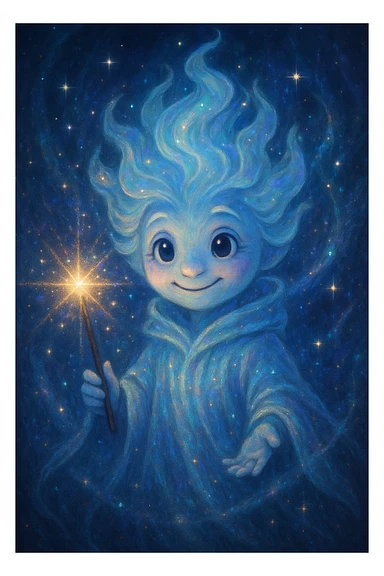 magical AI that grants wishes, sparkling and glowing elements, friendly face, holding a wand, fantasy design sticker