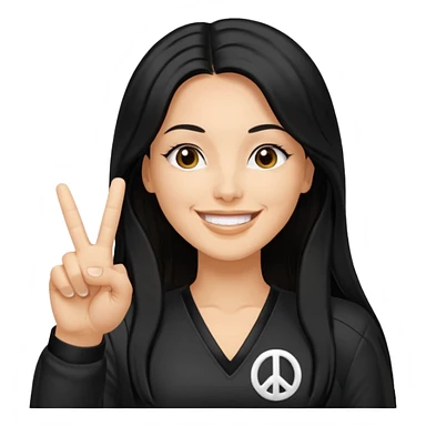 white adult woman in a y2k outfit, long black hair, making a peace sign sticker