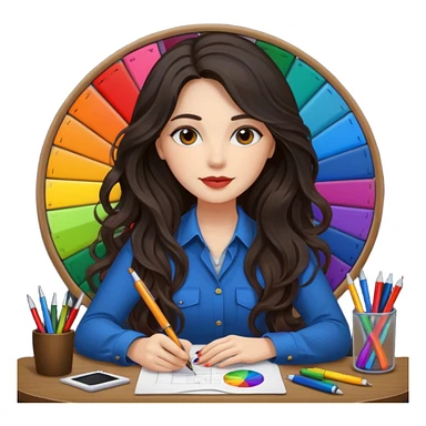 female dark wavy long hair graphic designer , color wheel, pens, papers , desktop sticker