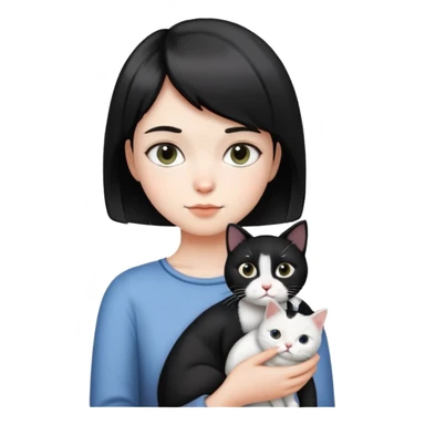 A short-haired girl holding a black and white cat sticker