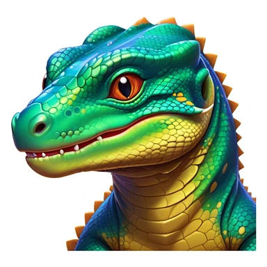 Cinematic Cute Komodo Dragon Lizard Portrait Emoji, Head tilted playfully and inquisitively, with a sleek, scaled form accented by vibrant hues and curious, sparkling eyes, Simplified yet irresistibly adorable features, highly detailed, glowing with a warm, lively glow, high shine, affectionate and spirited, stylized with a touch of exotic charm, bright and endearing, soft glowing outline, capturing the essence of a mischievous yet captivating lizard that seems poised to scurry out of the screen into your heart! sticker