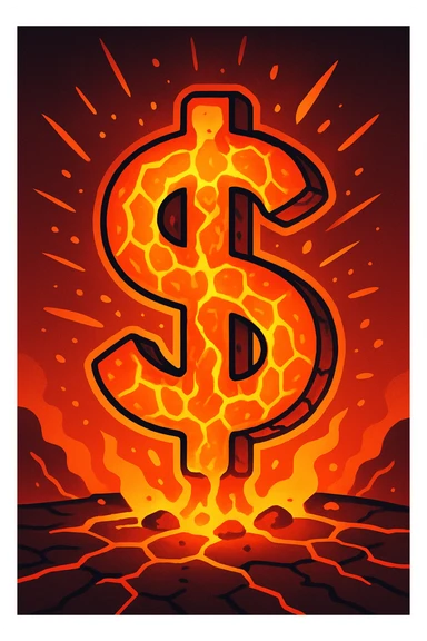 a dollar sign made of lava, fiery glow, intense heat effect sticker
