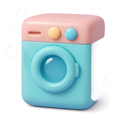 Add playful cartoon bubbles around the vinyl figure style washing machine, keep the original vinyl-figure look and colors. sticker