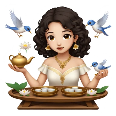 Light skin girl, half long curly dark hair, gold jewelry, white dress, feeding birds with wooden tea ceremony tray with lotus flower sticker