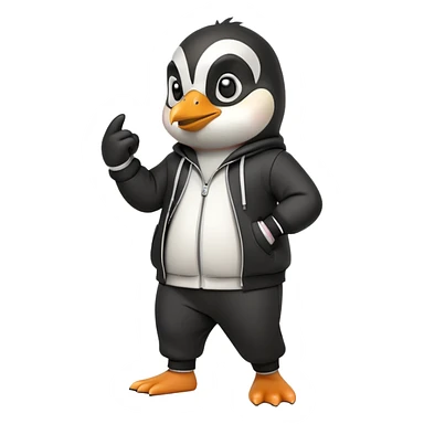 friendly anthropomorphised penguin wearing a mafia-style tracksuit, secretive scheming pose, soprano vibe, angry expression, walking quickly with a brisk purposeful stride, holding a knuckle duster sticker