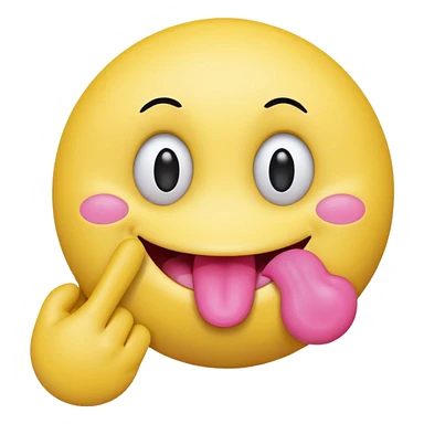 The image is a digital illustration of a yellow smiley face with big, round eyes and a big smile. The face is holding a pink tongue sticking out and making a 67 with its fingers. Above the face, The background is white. Like this but get rid of the text sticker