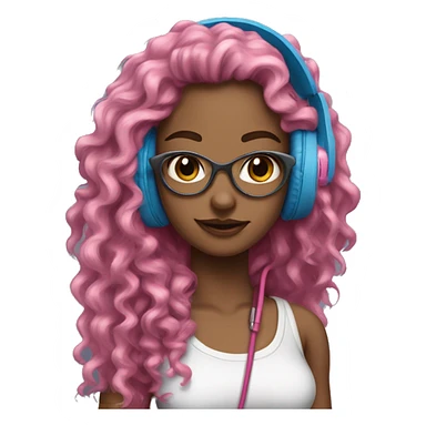 hotgir; rock; leather; girl; pink and blue long curly hair with headphones realisitc white skin  sticker