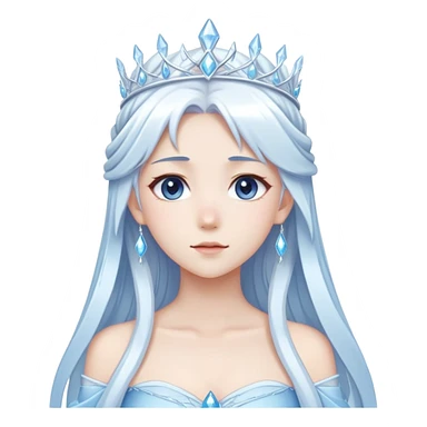 Beautiful anime ice queen with white long pretty hair with light-blue streaks, wearing an icy thin long dress and a silver tiara sticker