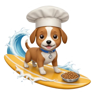 Dog wearing a chefs hat and surfing on a wave of dog food sticker