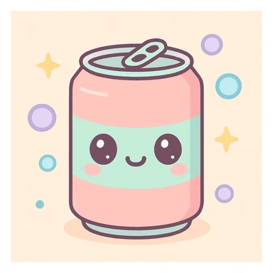 kawaii style soda can with a smiling face, pastel colors, and bubbles around it sticker