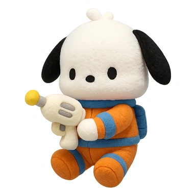 Pochacco holding a soft toy laser gun, white with black ears, wearing an orange and blue space suit, plushy Popmart doll style, playful and adorable sticker