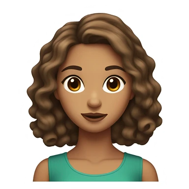 A brown hair girl with medium length wavy at ends hair who has tan skin and brown blackish eyes that look like a deer wit no freckles and a regular nose and eyebrows and with regular sized lips except the top lip is a little bigger sticker
