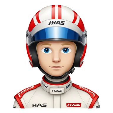 Kevin Magnussen, Formula 1 driver for Haas team, with blue eyes, wearing white and red Haas racing suit and helmet sticker