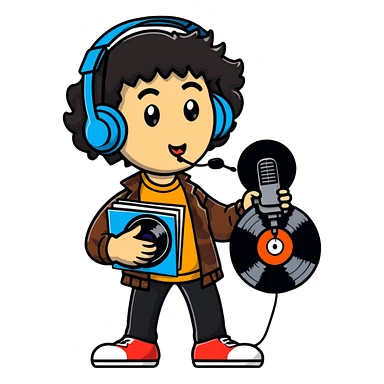 Nardwuar holding vinyl records and his signature microphone sticker