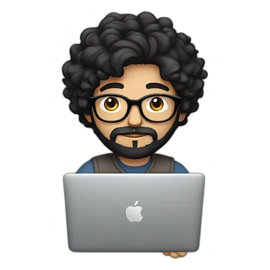 Designer with black hair, beard and glasses working with MacBook and drinking cappuccino  sticker