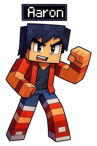 Extract the character Aaron from the group image in Minecraft cartoon style, keeping only Aaron with a transparent background. Preserve the Minecraft cartoon style look. sticker