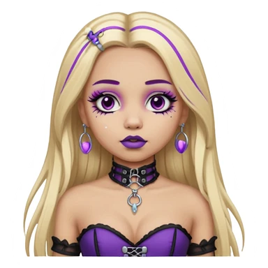 Ai light skin girl , who has straight long length blonde hair with heavy purple streaks , hazel eyes , and doll like makeup , with a septum piercing, nostril piercing, in a black corset emoji sticker