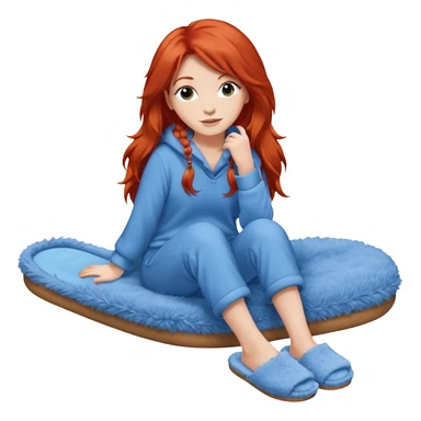 young woman with long red hear wearing comfy lounging outfit, wearing blue fuzzy slippers sticker