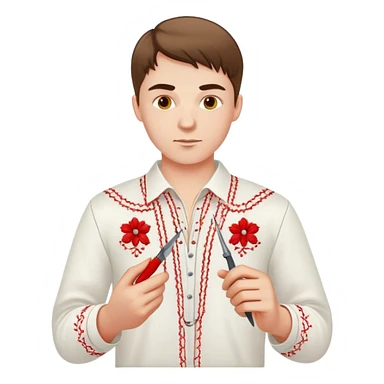 Ukrainian young man in a white embroidered traditional shirt holding a red thread with a needle and pliers sticker