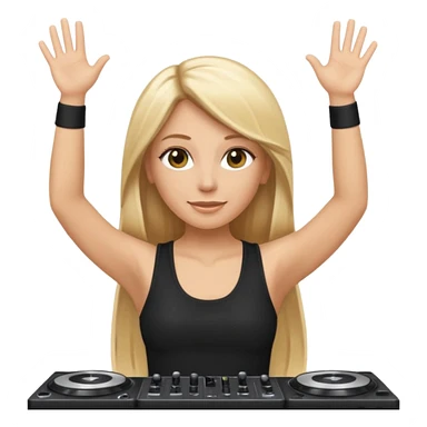 I want a white female dj animated gif emoji with long straight blonde hair putting hands up in the air. Wearing a black tight top with no sleeve sticker