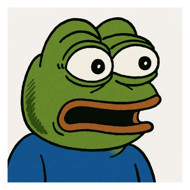 Pepe the Frog surprised, wide eyes and open mouth, meme style, green skin, blue shirt sticker